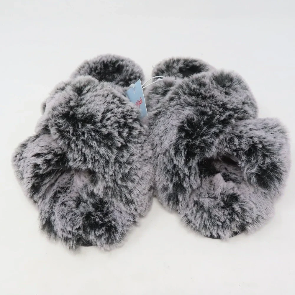 Cat & Jack Girls Faux‎ Fur Criss Cross Slippers Grey Black Medium 2/3 NEW
